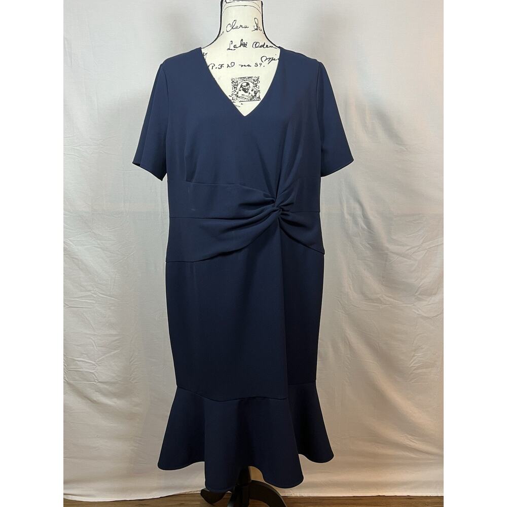 Women's London Times Navy Blue V-Neck Twist Waist / Flounce Hem Dress US 16W